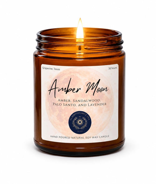 Amber Moon hand-poured soy wax candle in amber glass jar