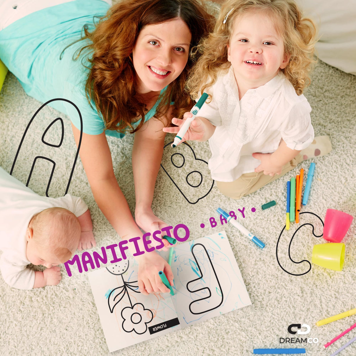 Manifiesto coloring book cover with big cartoon illustrations, English edition