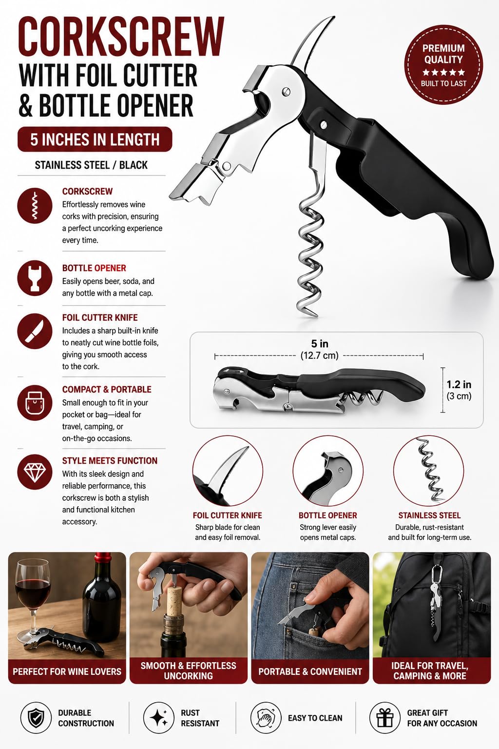 Stainless steel corkscrew kit with foil cutter and bottle opener