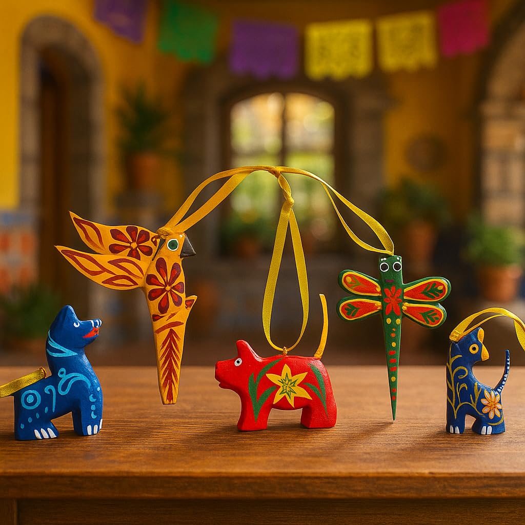 DREAMCO SUPPLIES Alebrije Ornaments, Mexican Wood Carving Sculptures, Oaxacan Alebrije Ornaments Set of 5, Animal Figurines, 2-3 inches