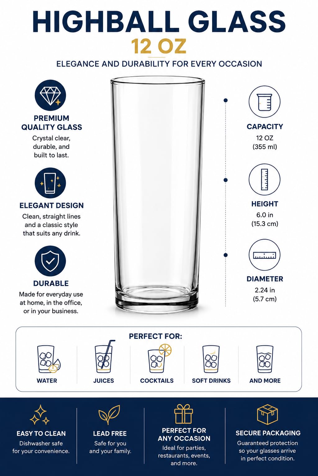 Clear tall highball glasses, set of 6