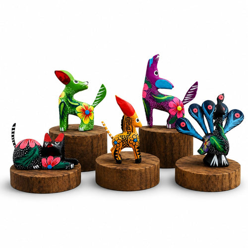 Hand-painted multicolor Oaxacan alebrije wood carvings, set of 5