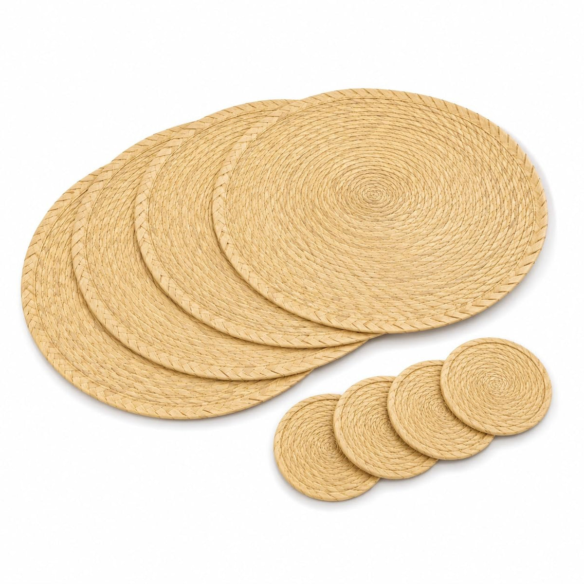 DreamCo Supplies Handwoven Palm Fiber Placemats & Coasters Set – Set of 4 Placemats 13.8in (35cm) & 4 Drink Coasters 4in (10cm) – Natural Tule Palm Tree Decor for Dining & Kitchen