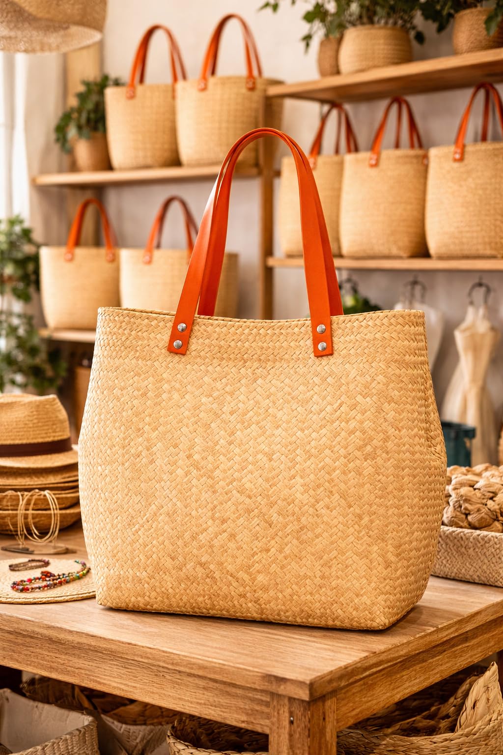 Large woven palm straw beach tote bag
