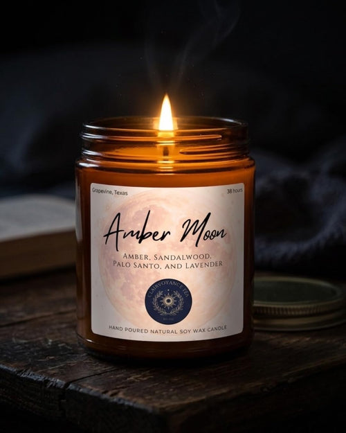 Amber Moon hand-poured soy wax candle in amber glass jar