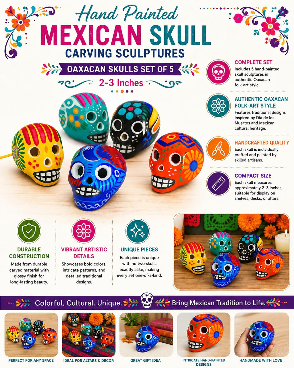 Hand-painted Oaxacan skull wood carvings, set of 5