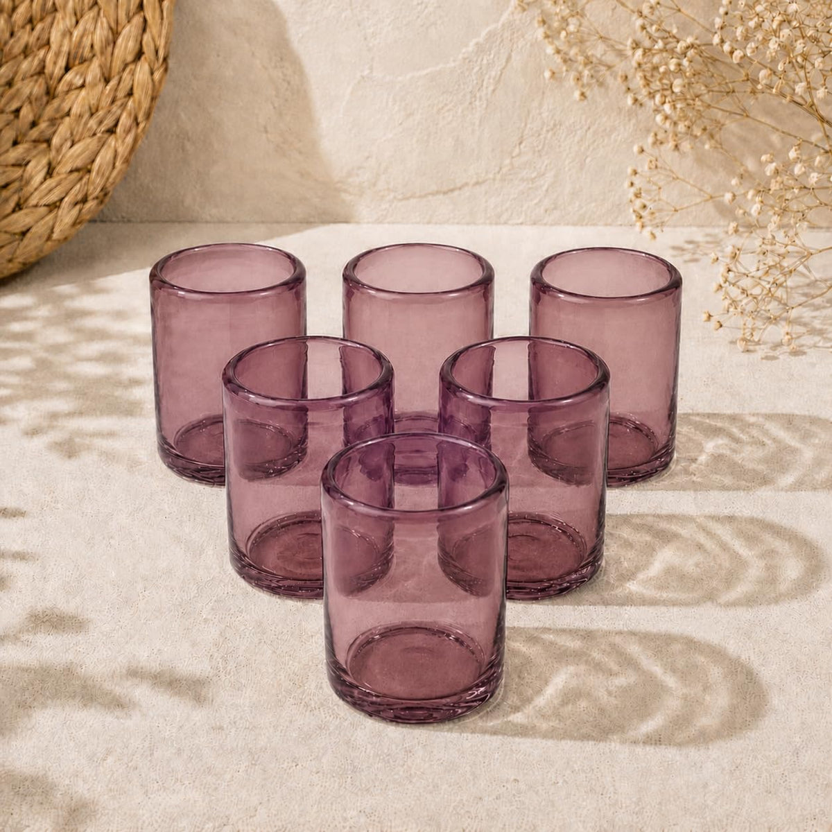 Hand-blown glass drinkware set of 6 in solid colors, 16 ounce