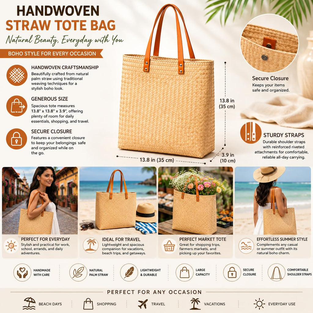 Natural handwoven palm straw tote bag with shoulder strap