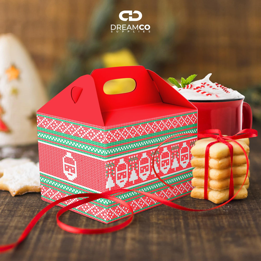 Red and green cardboard Christmas gift boxes with handles, pack of 25