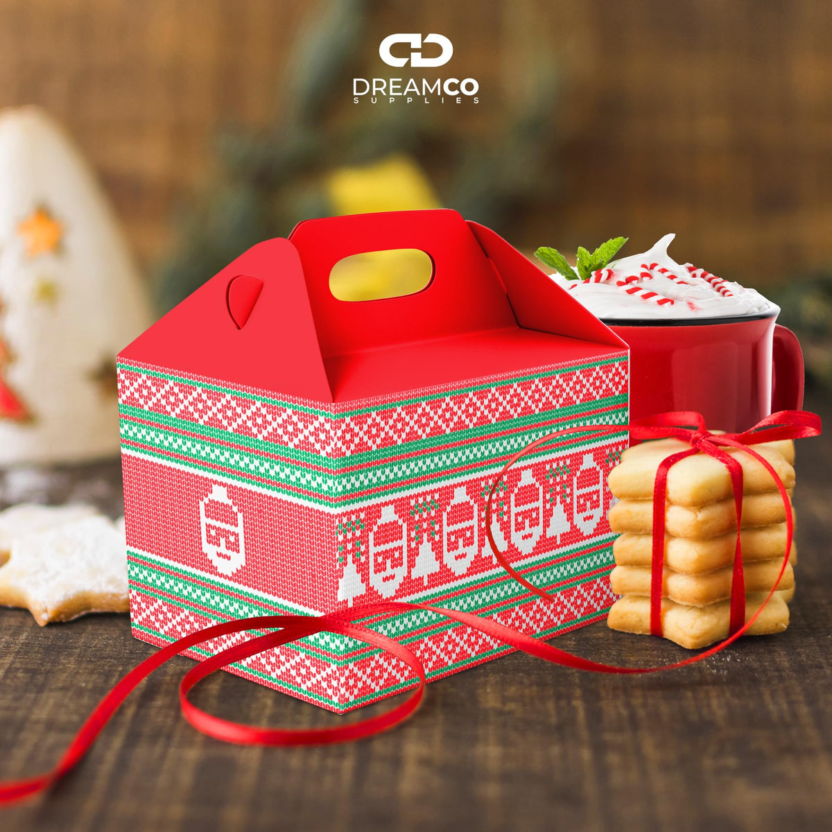 Red and green cardboard Christmas gift boxes with handles, pack of 25