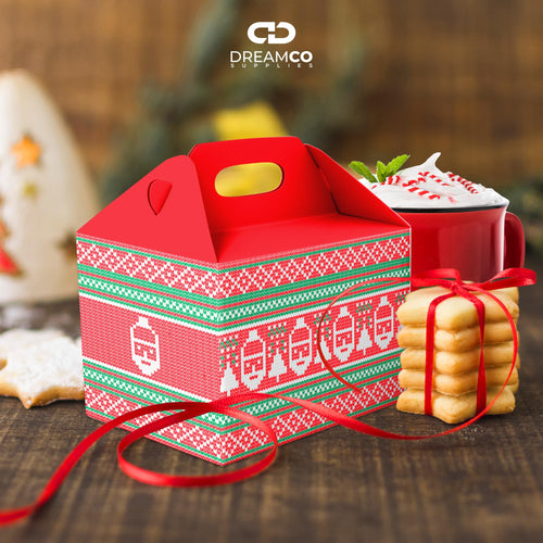 Red and green cardboard Christmas gift boxes with handles, pack of 25