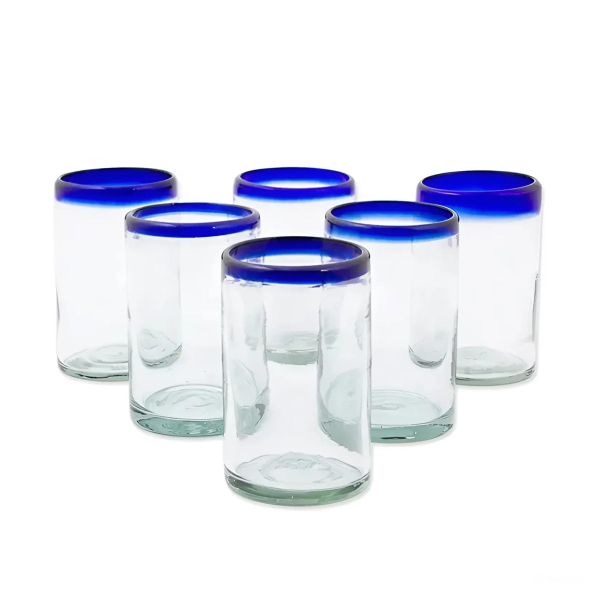 Hand-blown clear glass drinkware with blue rim, set of 6