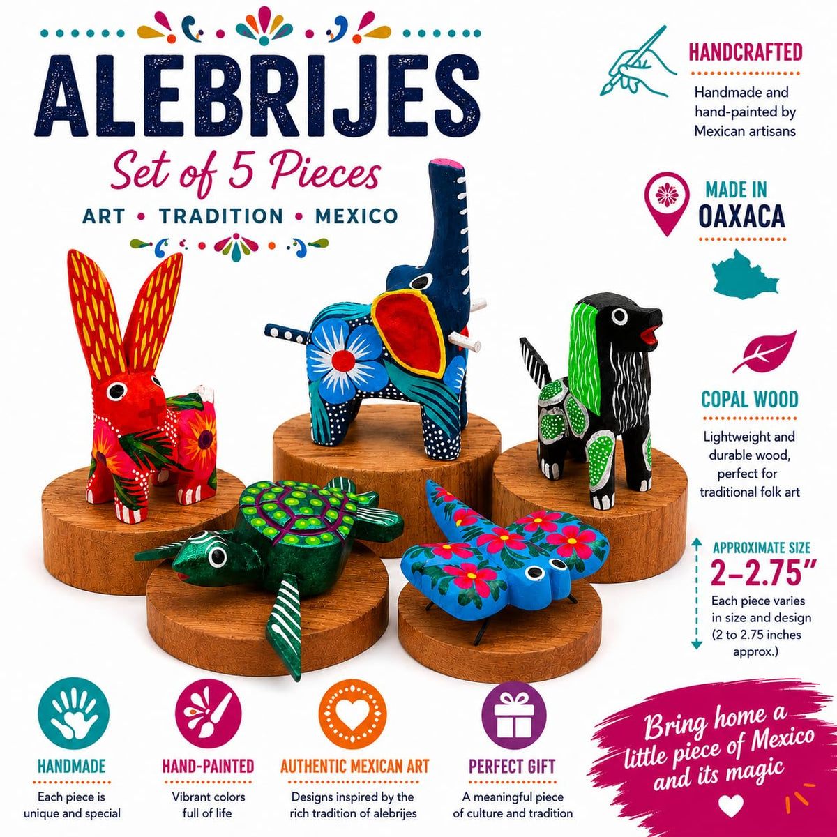 DREAMCO SUPPLIES Alebrijes Wood Carving Sculptures, Oaxacan Alebrije Set of 5, Multicolor, Hand-Painted, Mexican Folk Art, 2-3 Inches