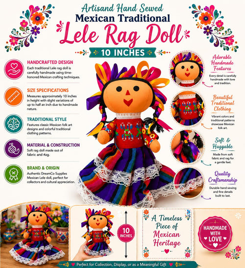 Hand-sewn Mexican Lele rag figurine in traditional folk-art clothing