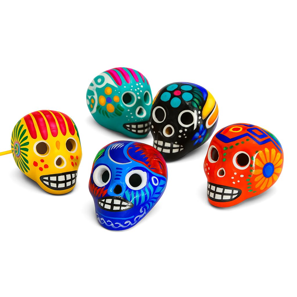 Hand-painted Oaxacan skull wood carvings, set of 5