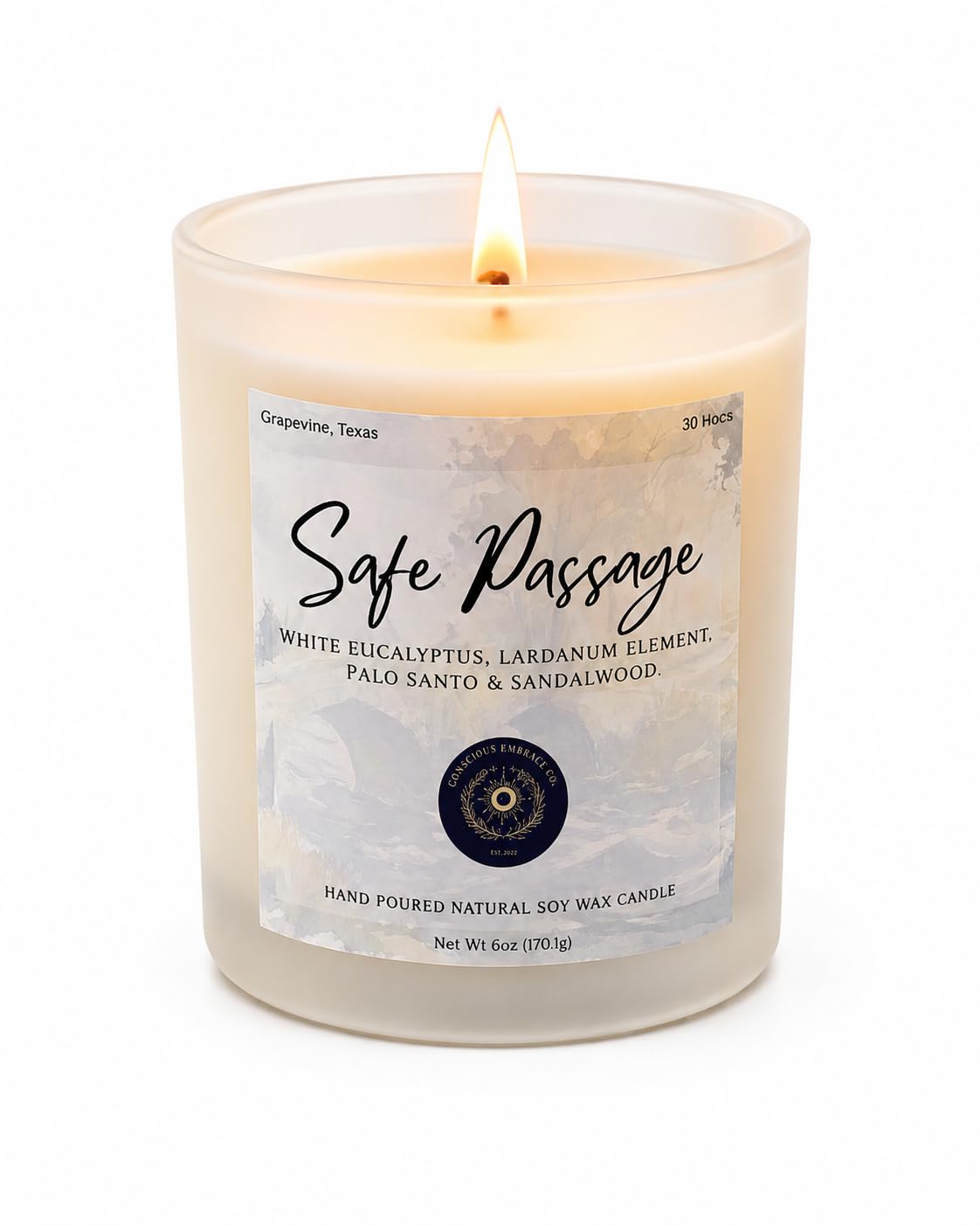 Safe Passage hand-poured soy wax candle in amber glass jar