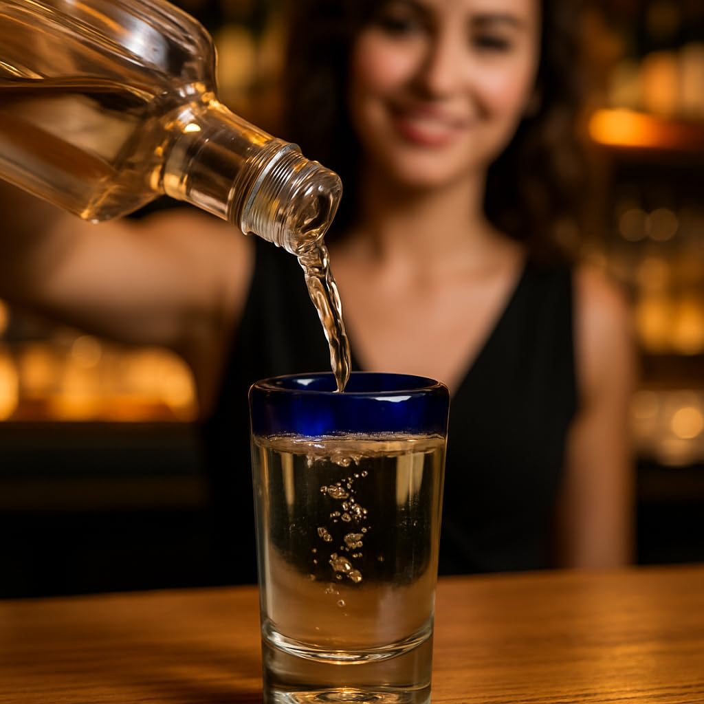 Hand-blown clear shot glasses with blue rim, set of 6
