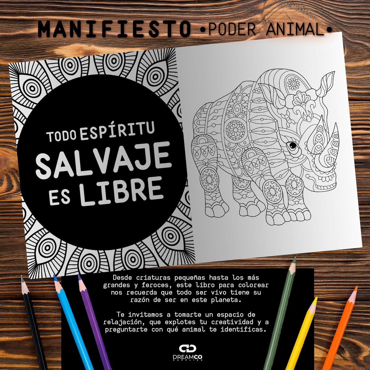 Manifiesto Poder Animal mandala coloring book cover, Spanish edition