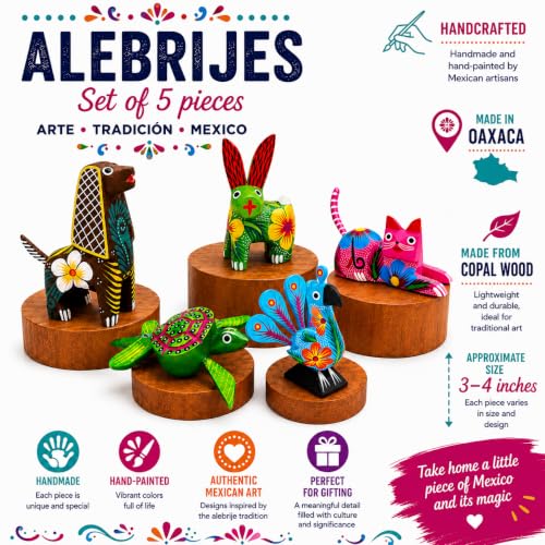 DREAMCO SUPPLIES Alebrijes Wood Carving Sculptures, Oaxacan Alebrije Set of 5, Multicolor, Hand-Painted, Mexican Folk Art, 2-3 Inches
