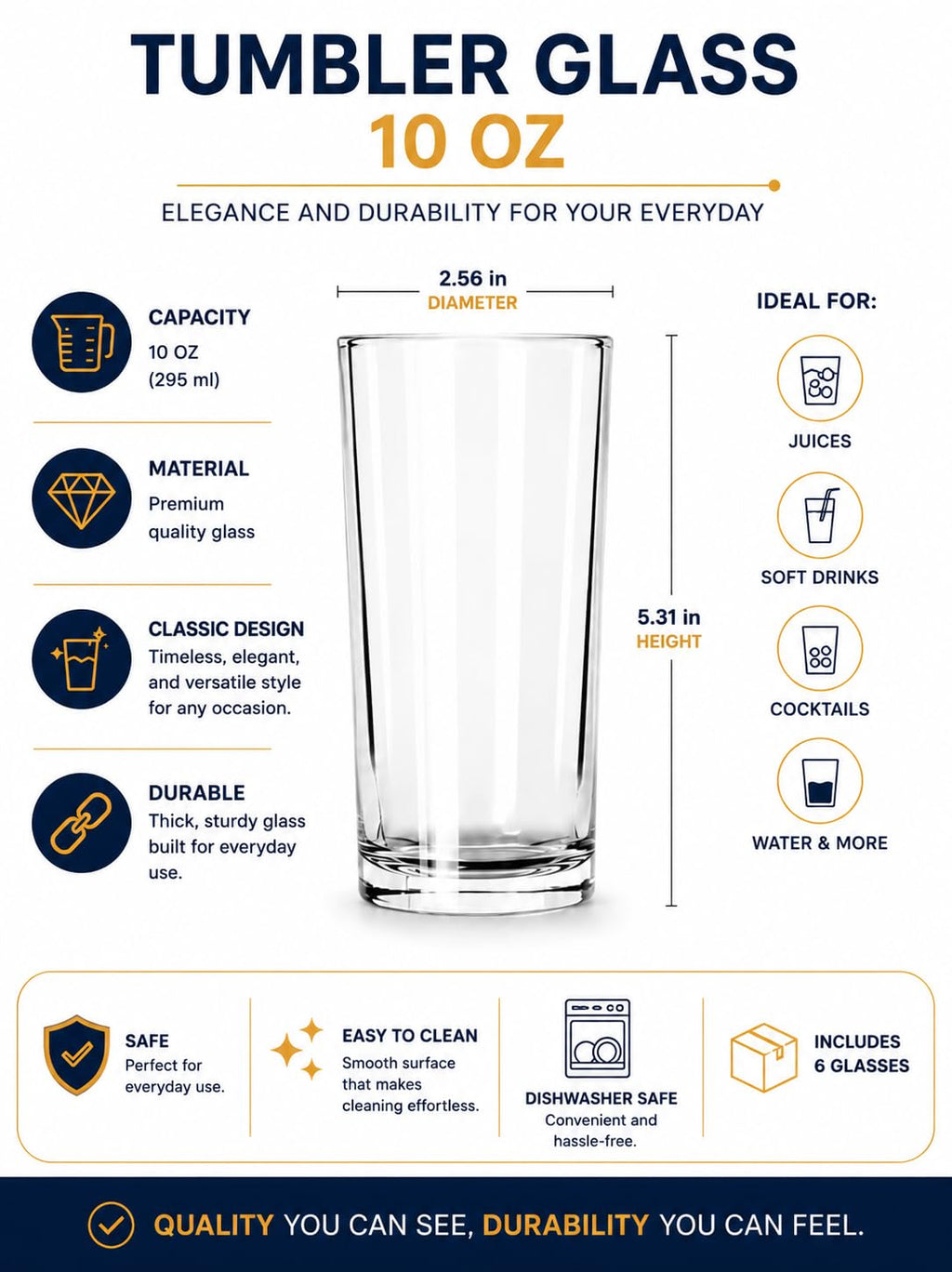 DREAMCO SUPPLIES Highball Glasses, Clear Tall Tumbler, Set of 6, for Cocktails, Coffee, and Mojitos