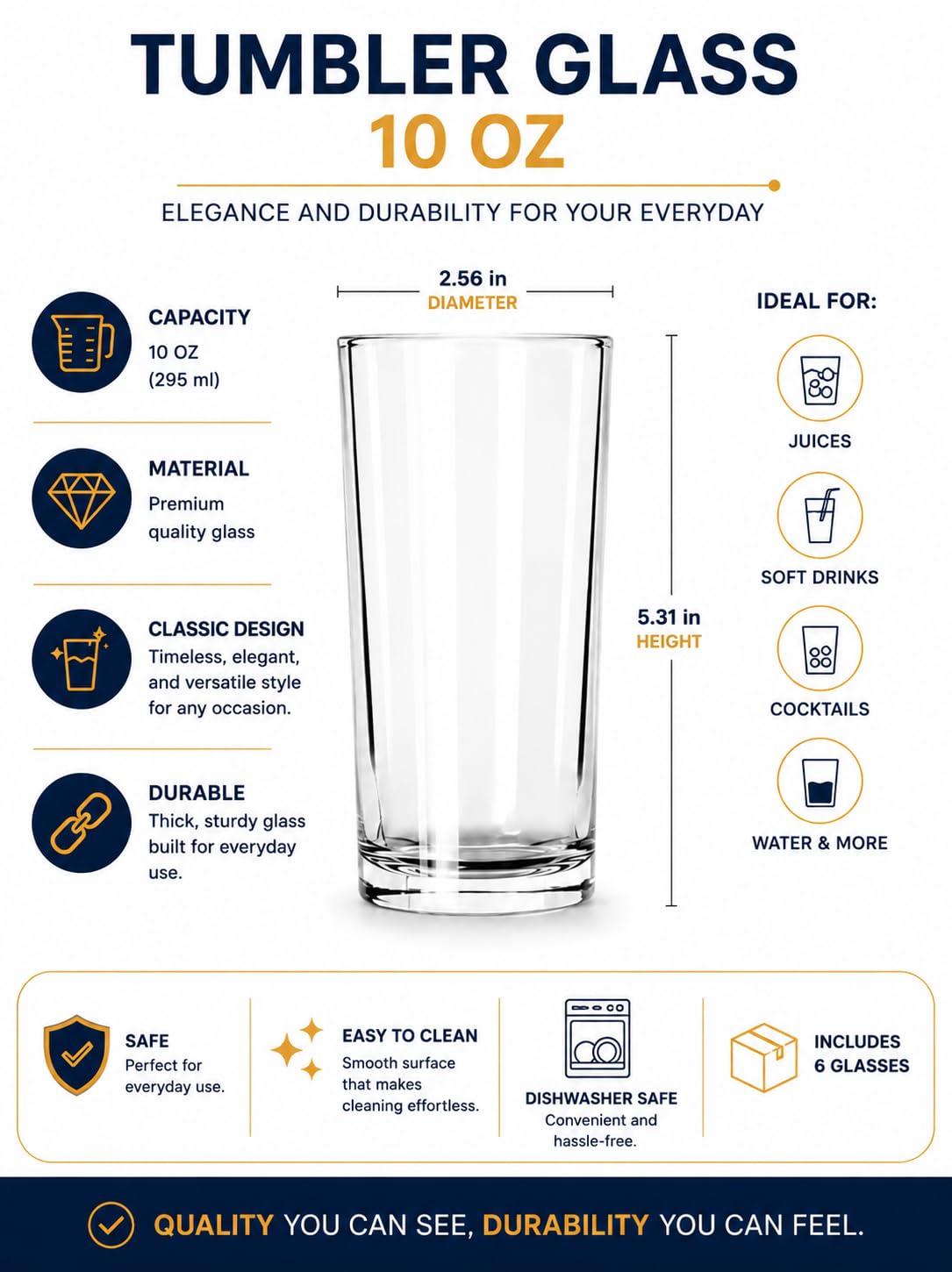 DREAMCO SUPPLIES Highball Glasses, Clear Tall Tumbler, Set of 6, for Cocktails, Coffee, and Mojitos