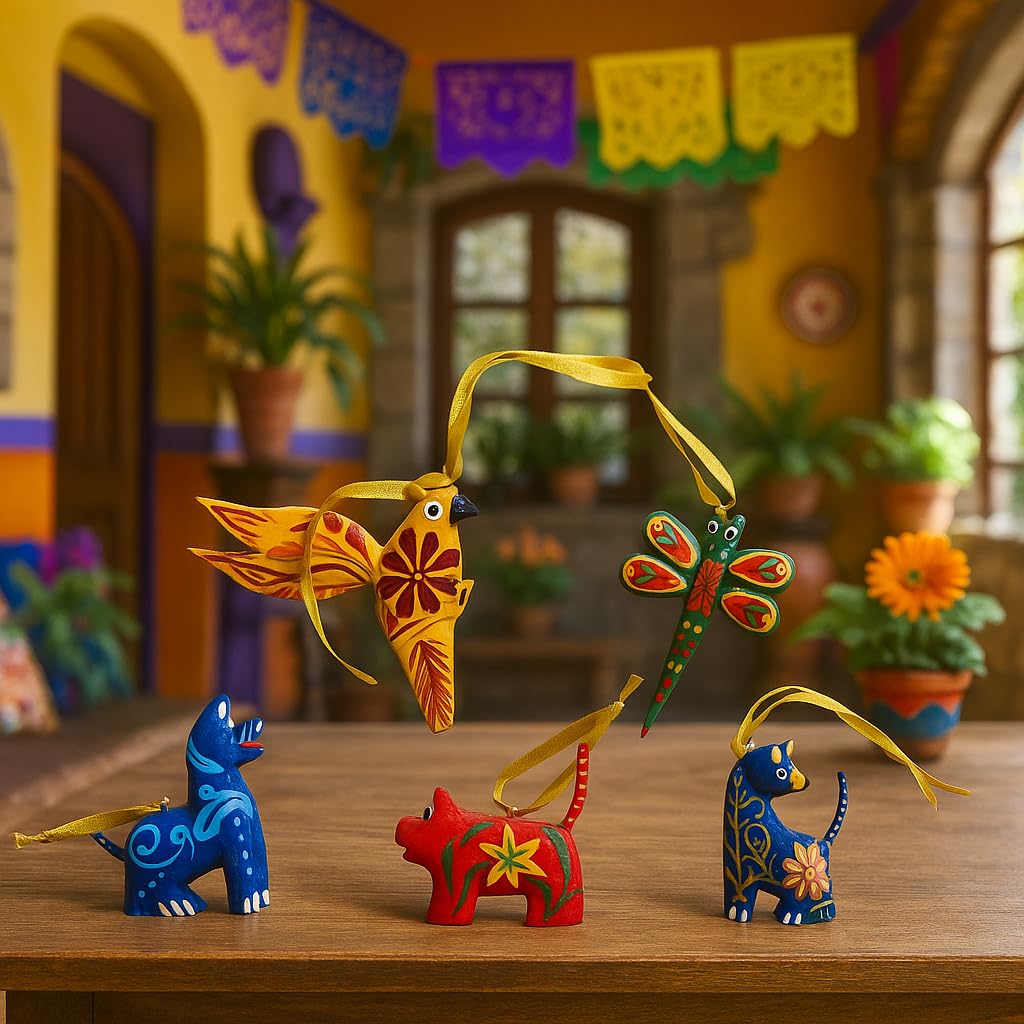 DREAMCO SUPPLIES Alebrije Ornaments, Mexican Wood Carving Sculptures, Oaxacan Alebrije Ornaments Set of 5, Animal Figurines, 2-3 inches