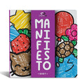 Manifiesto coloring book cover with big cartoon illustrations, English edition