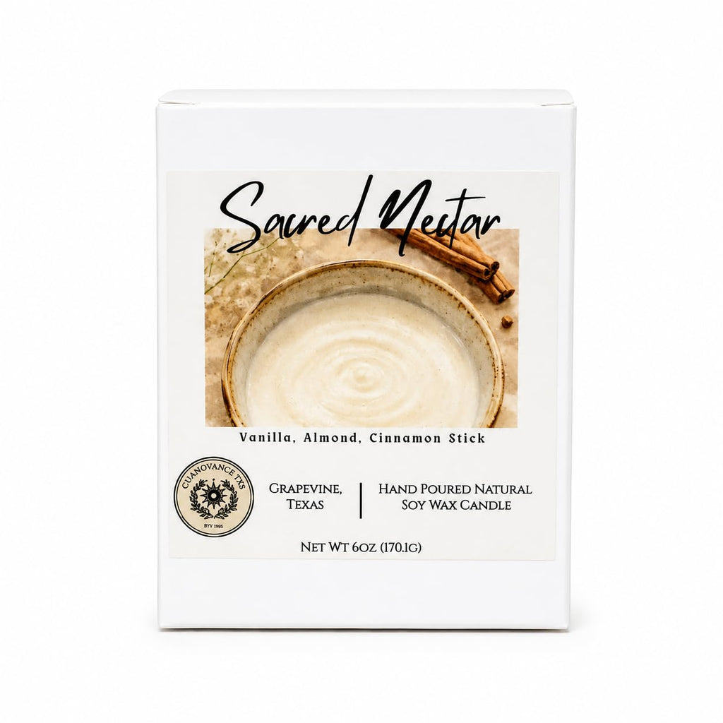 Sacred Nectar hand-poured soy wax candle in amber glass jar