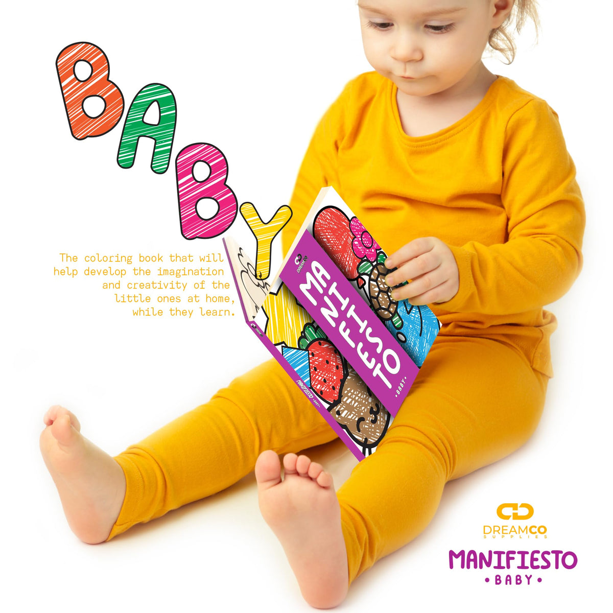 Manifiesto coloring book cover with big cartoon illustrations, English edition
