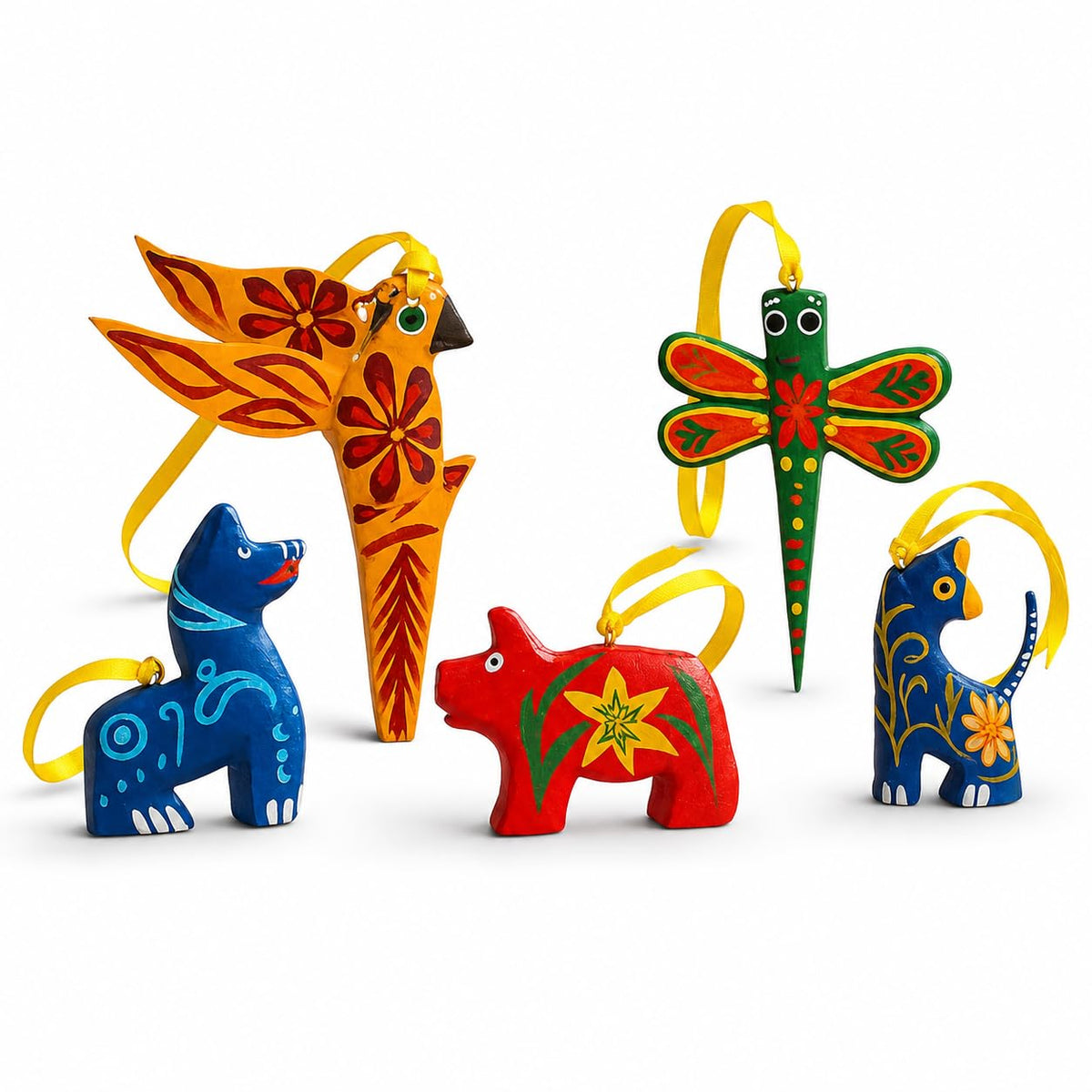 Hand-carved Oaxacan alebrije wood ornaments, set of 5 animal figurines