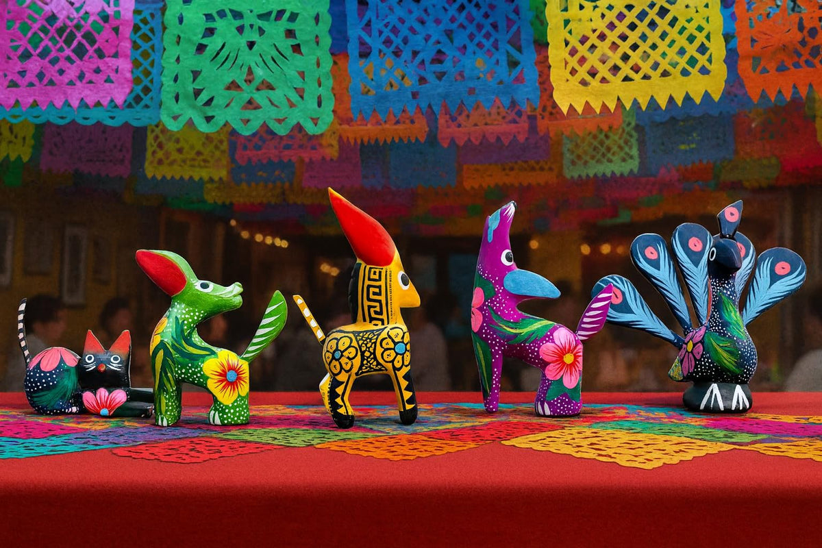Hand-painted multicolor Oaxacan alebrije wood carvings, set of 5