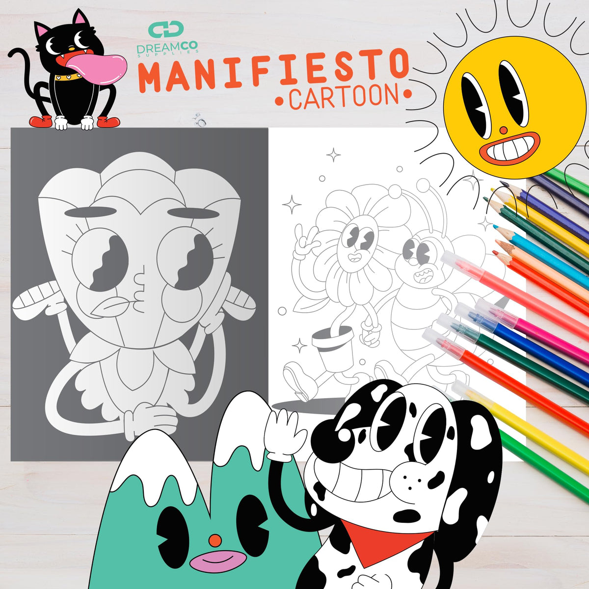 Manifiesto Cartoons coloring book cover with big cartoon illustrations