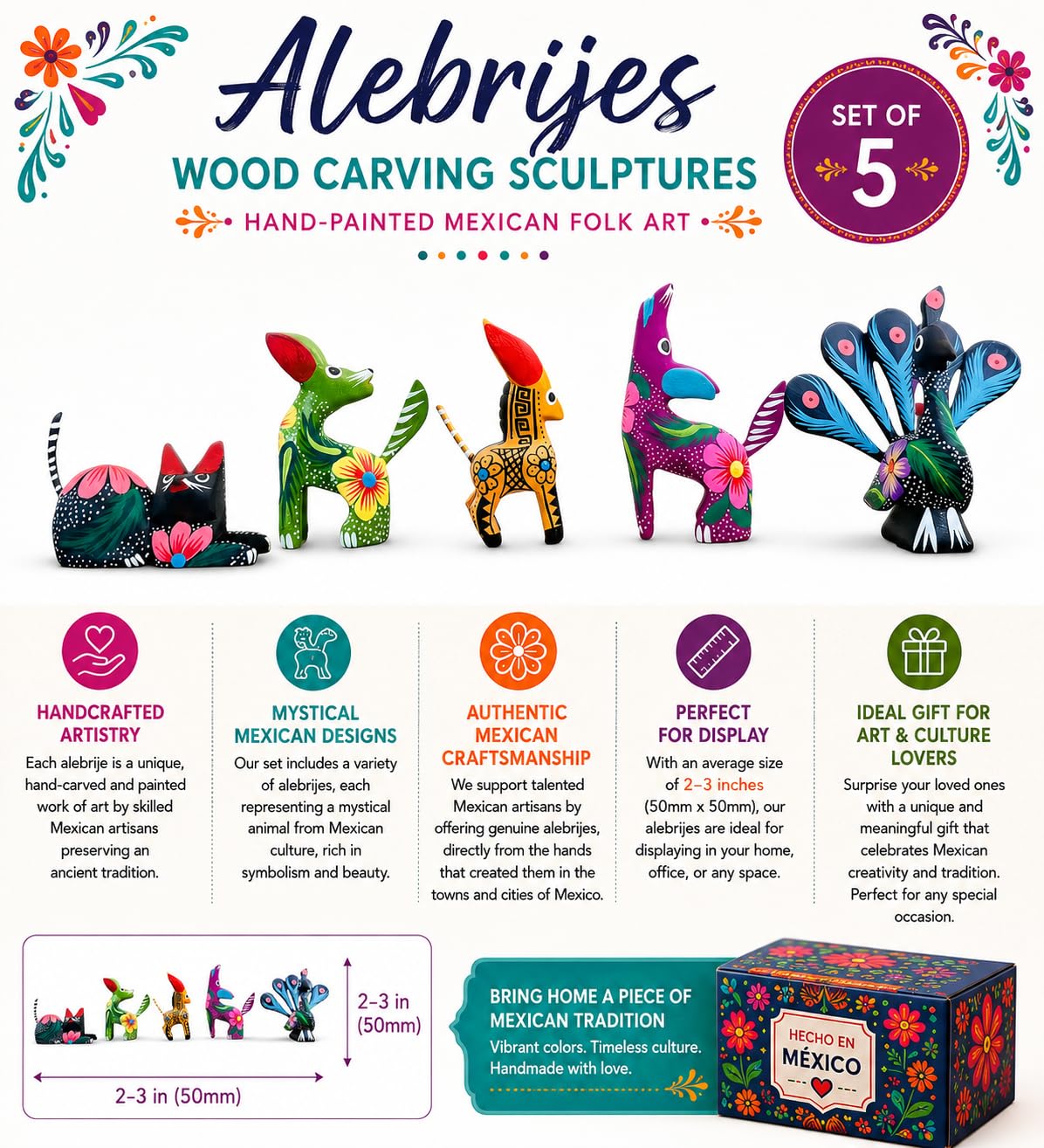 DREAMCO SUPPLIES Alebrijes Wood Carving Sculptures, Oaxacan Alebrije Set of 5, Multicolor, Hand-Painted, Mexican Folk Art, 2-3 Inches