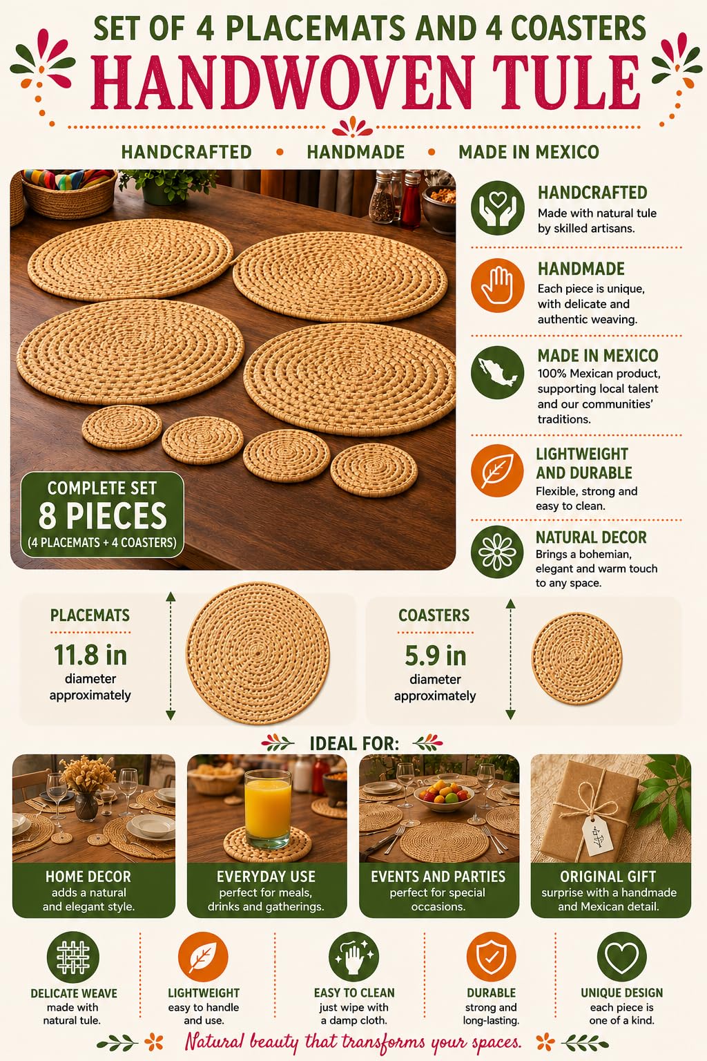 Round handwoven palm fiber placemats and coasters set