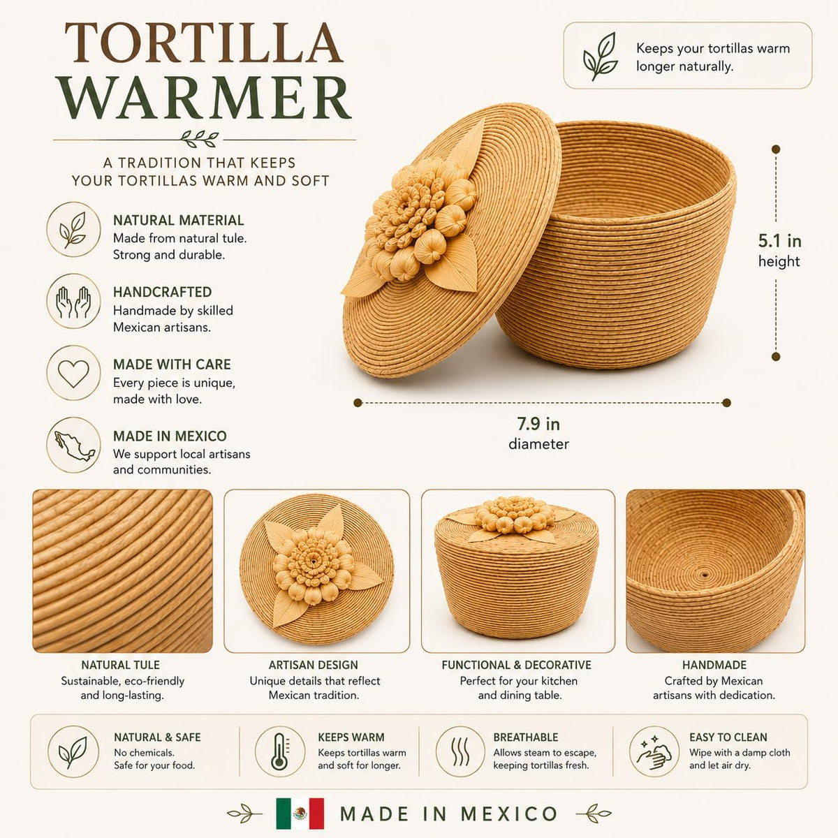 Handwoven natural palm tortilla warmer basket with lid