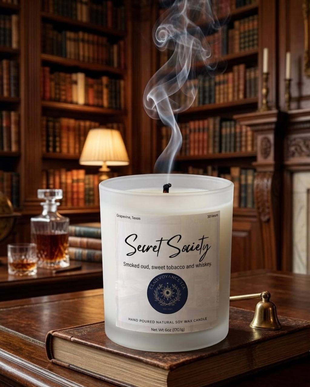 Secret Society hand-poured soy wax candle in amber glass jar