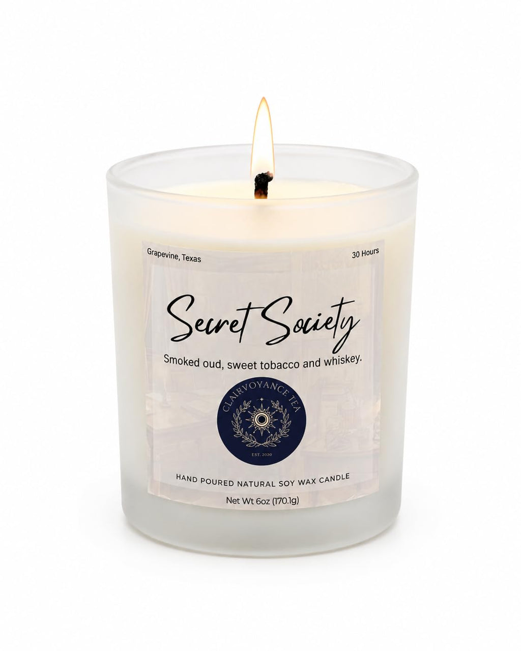 Secret Society hand-poured soy wax candle in amber glass jar