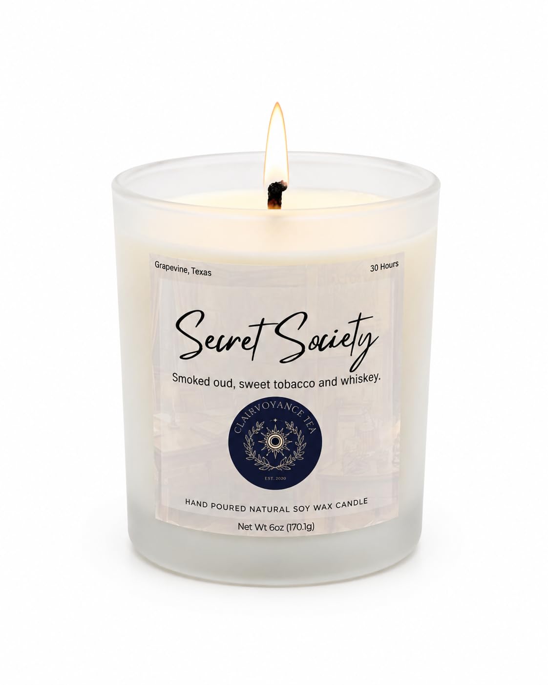 Secret Society hand-poured soy wax candle in amber glass jar