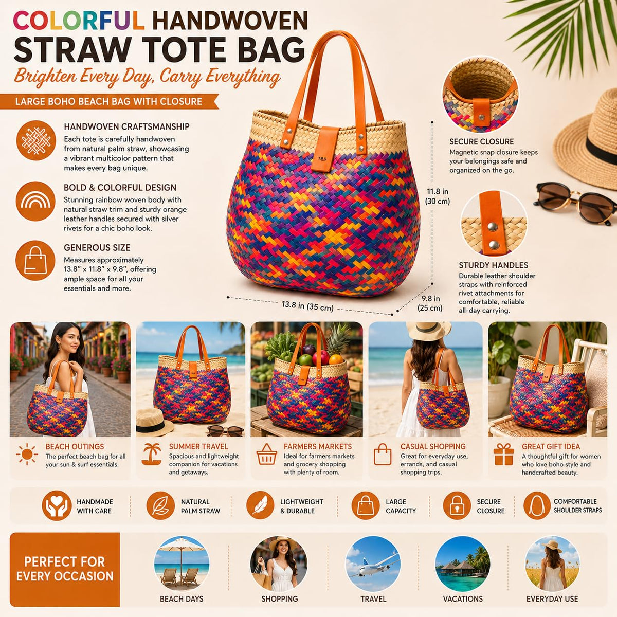 Colorful handwoven palm straw tote bag with closure