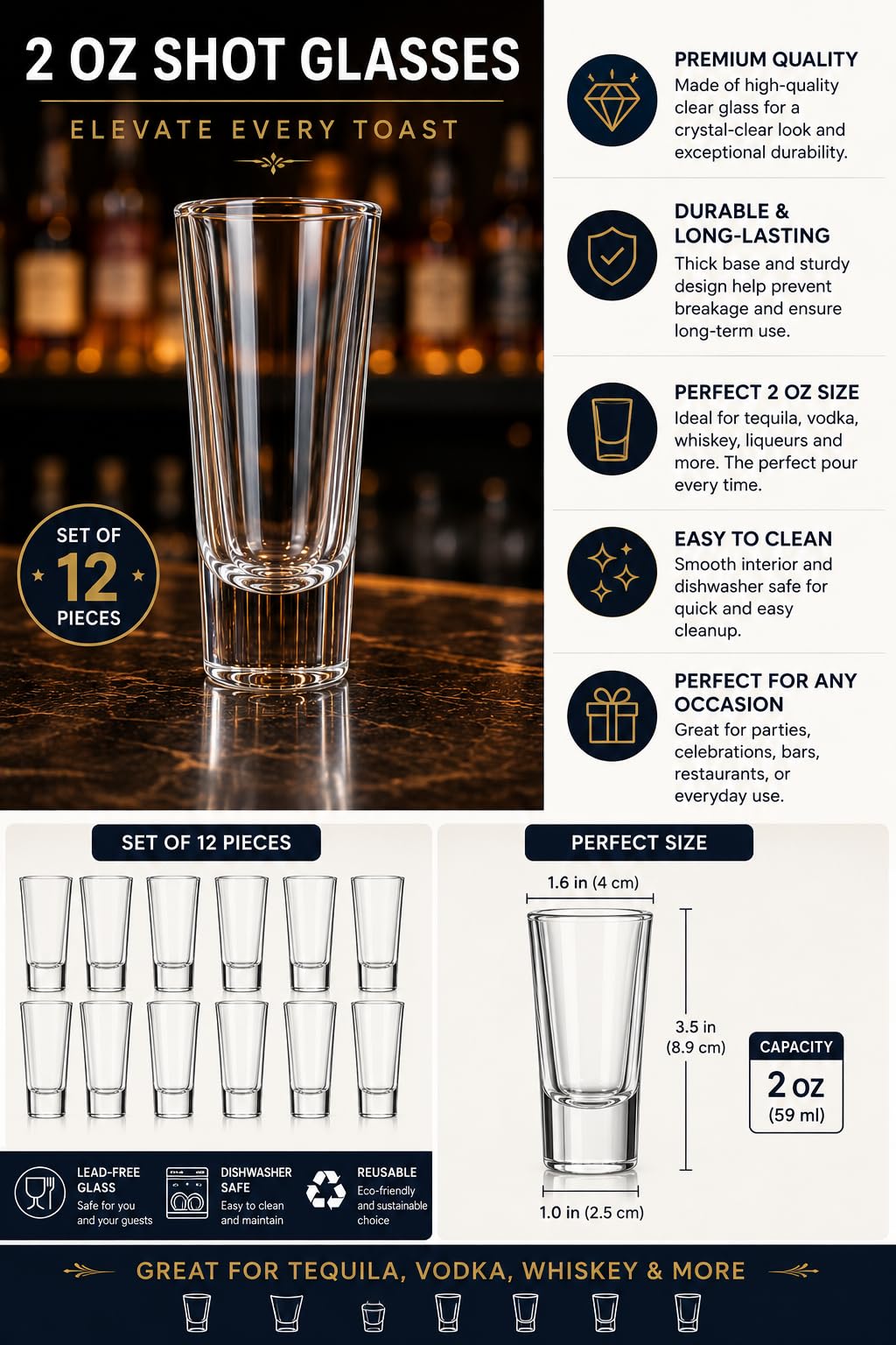 Clear crystal shot glasses, stackable set of 12