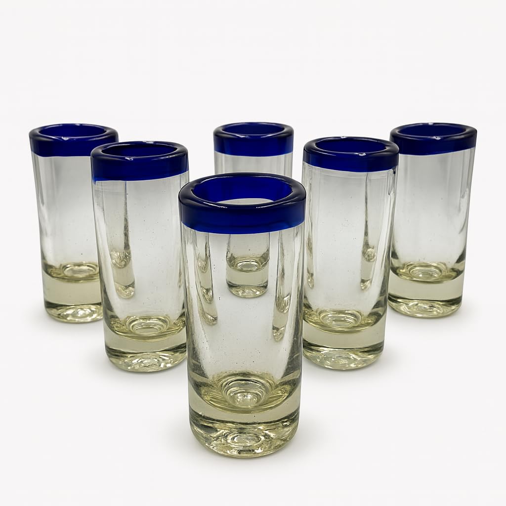 Hand-blown clear shot glasses with blue rim, set of 6