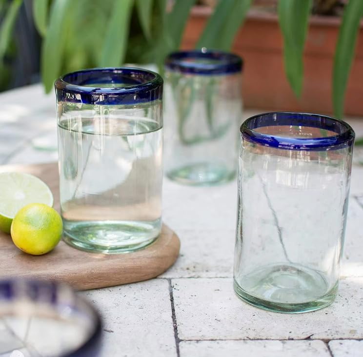 Hand-blown clear glass drinkware with blue rim, set of 6