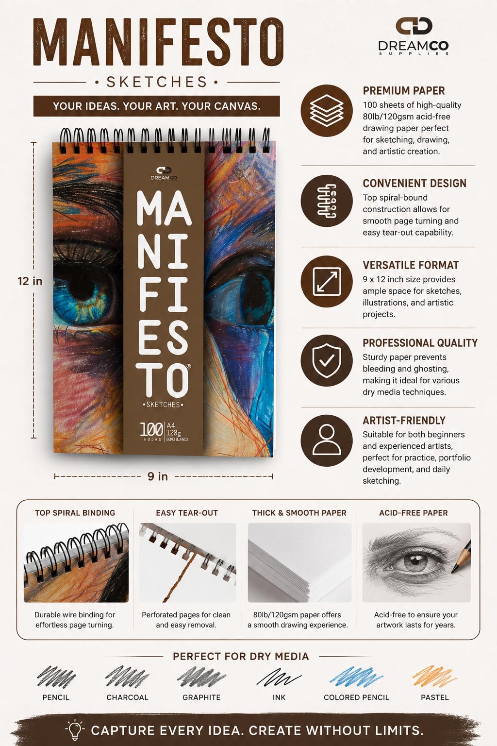 Manifiesto spiral-bound sketchbook, 9x12 inch drawing pad