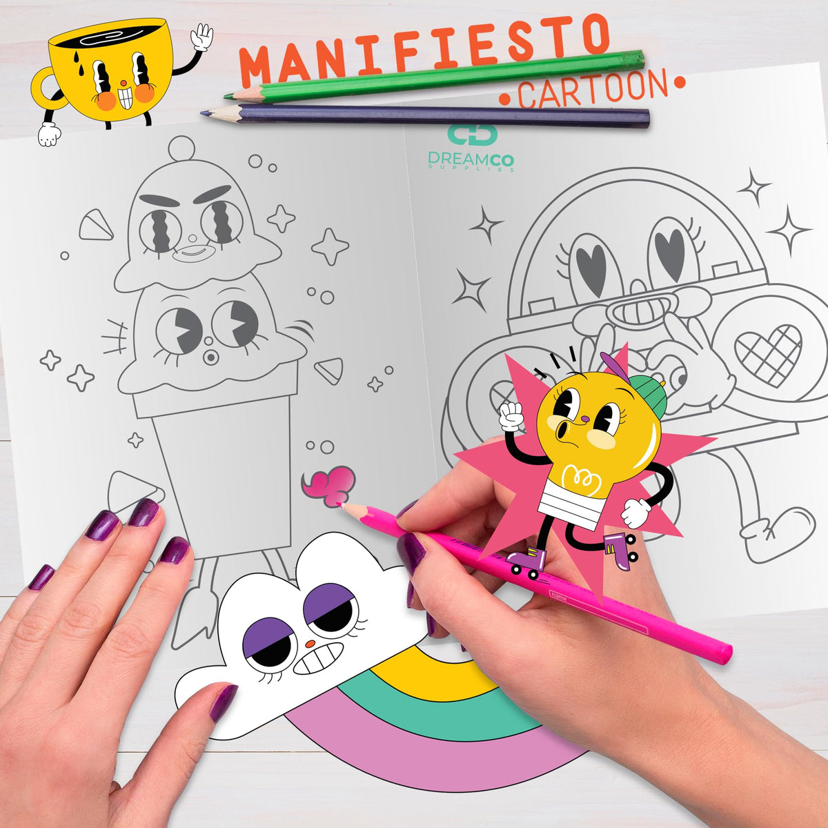 Manifiesto Cartoons coloring book cover with big cartoon illustrations