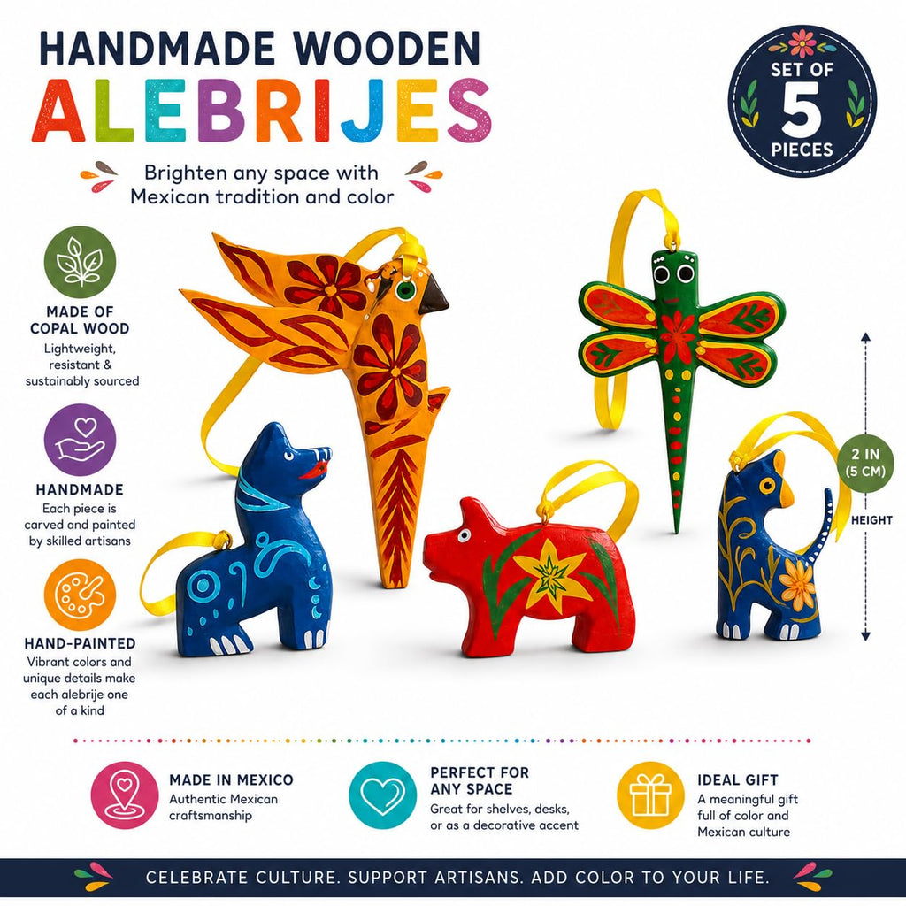 Hand-carved Oaxacan alebrije wood ornaments, set of 5 animal figurines