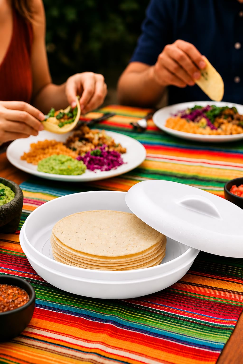 Insulated plastic microwavable tortilla warmer with lid