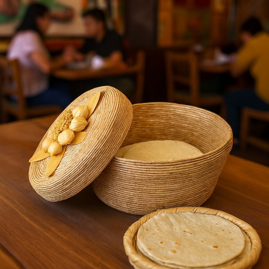 Handwoven natural palm tortilla warmer basket with lid