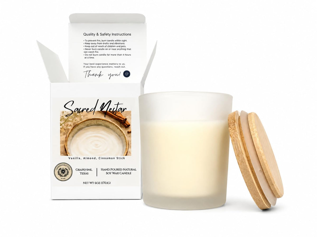 Sacred Nectar hand-poured soy wax candle in amber glass jar