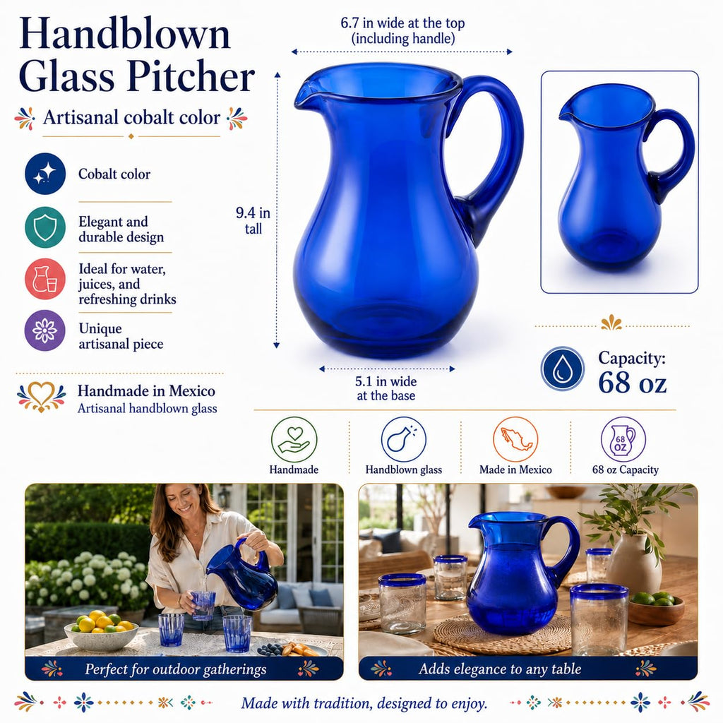 Hand-blown cobalt blue glass water pitcher, pear shape