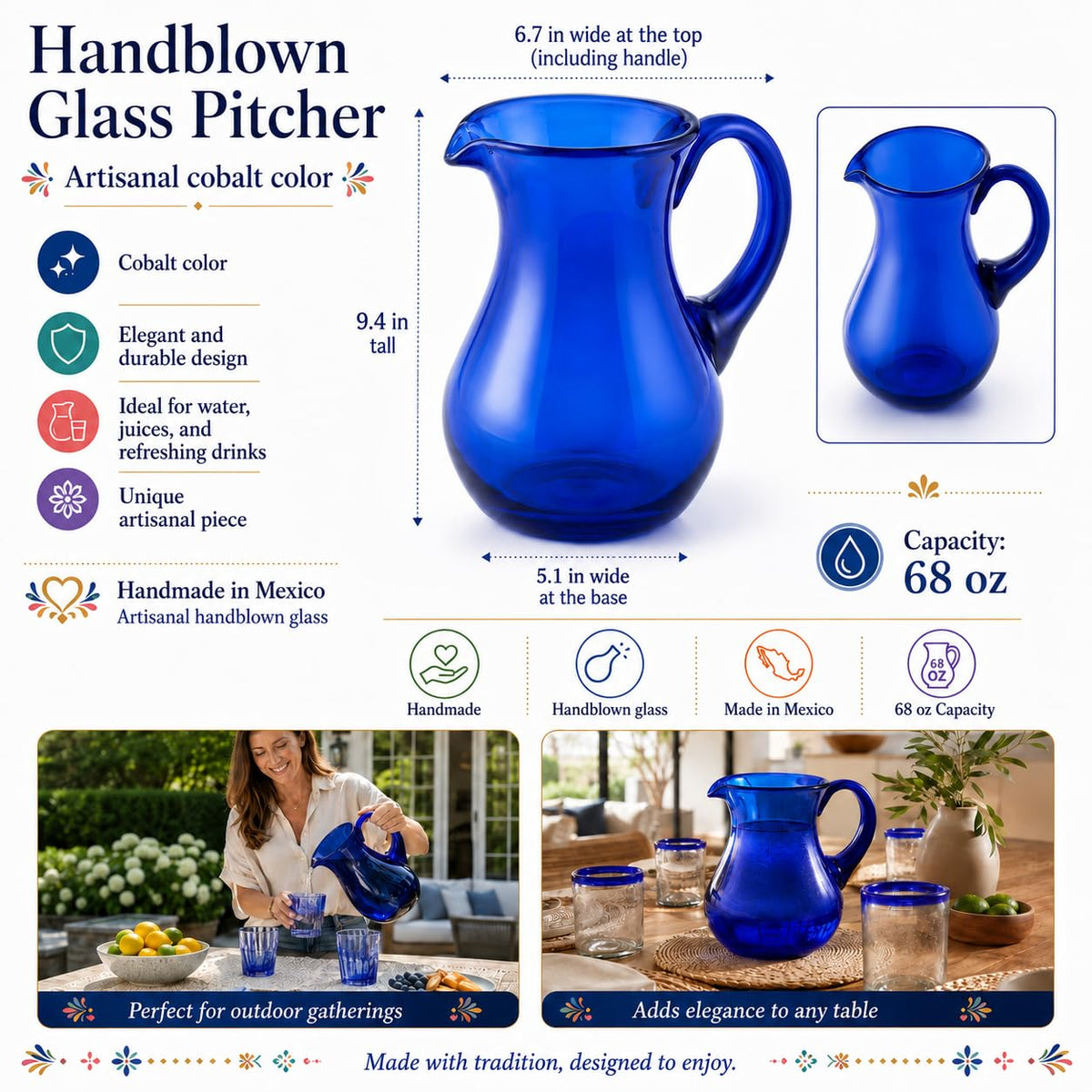Hand-blown cobalt blue glass water pitcher, pear shape